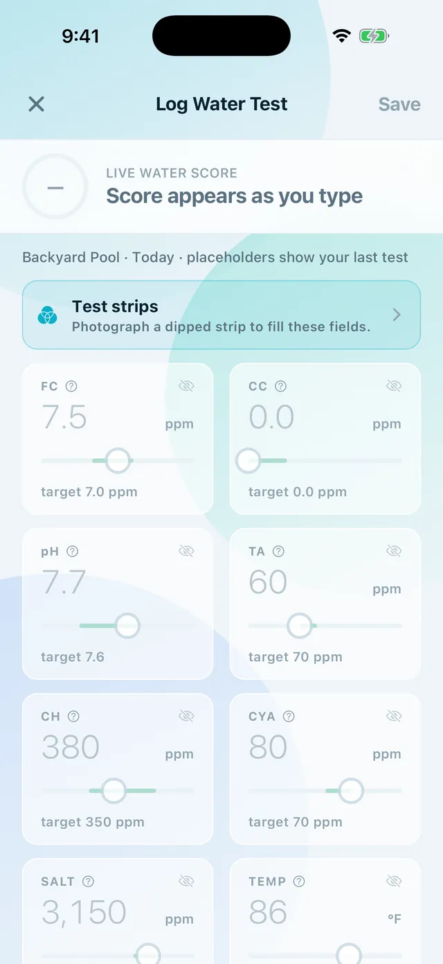 Log Water Test screen with sliders and a live score