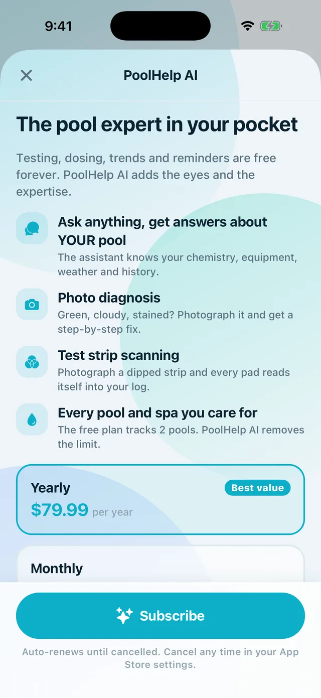 PoolHelp AI subscription screen